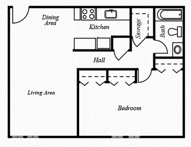 Floor plan for 1 bed, 1 bath, 750 sqft
